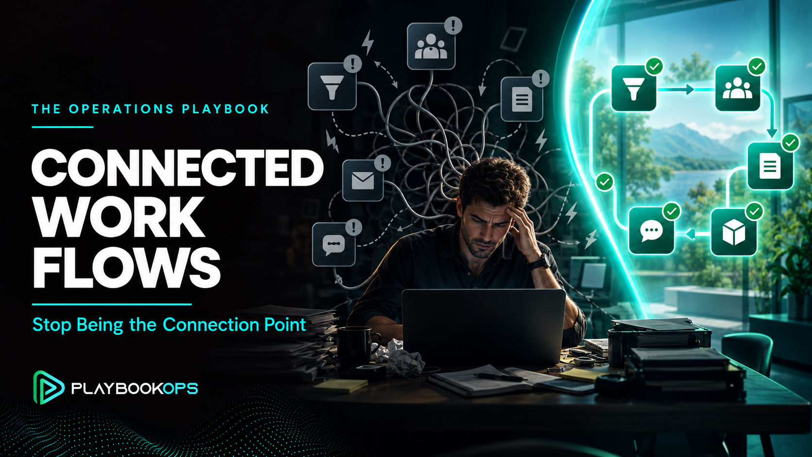 PlaybookOps feature image showing a stressed founder surrounded by tangled, disconnected work systems beside a clear connected workflow, titled “Connected Workflows.”