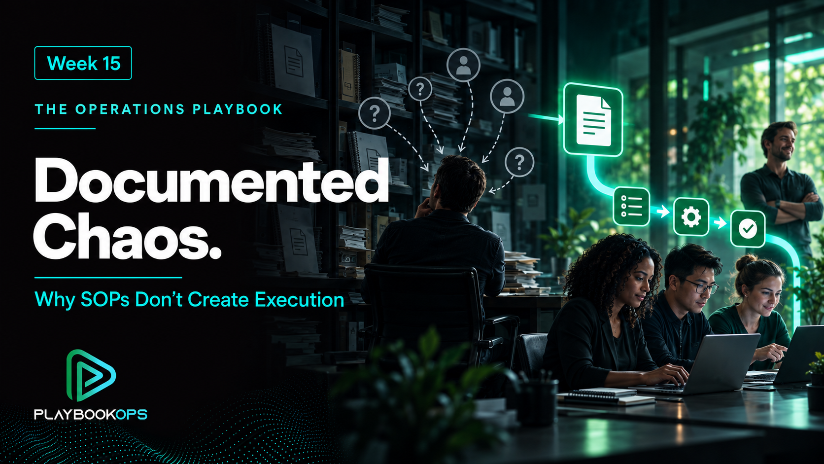 PlaybookOps Week 15 cover titled “Documented Chaos,” contrasting unused SOPs and founder-dependent questions with an integrated workflow guiding the team through execution and quality control.