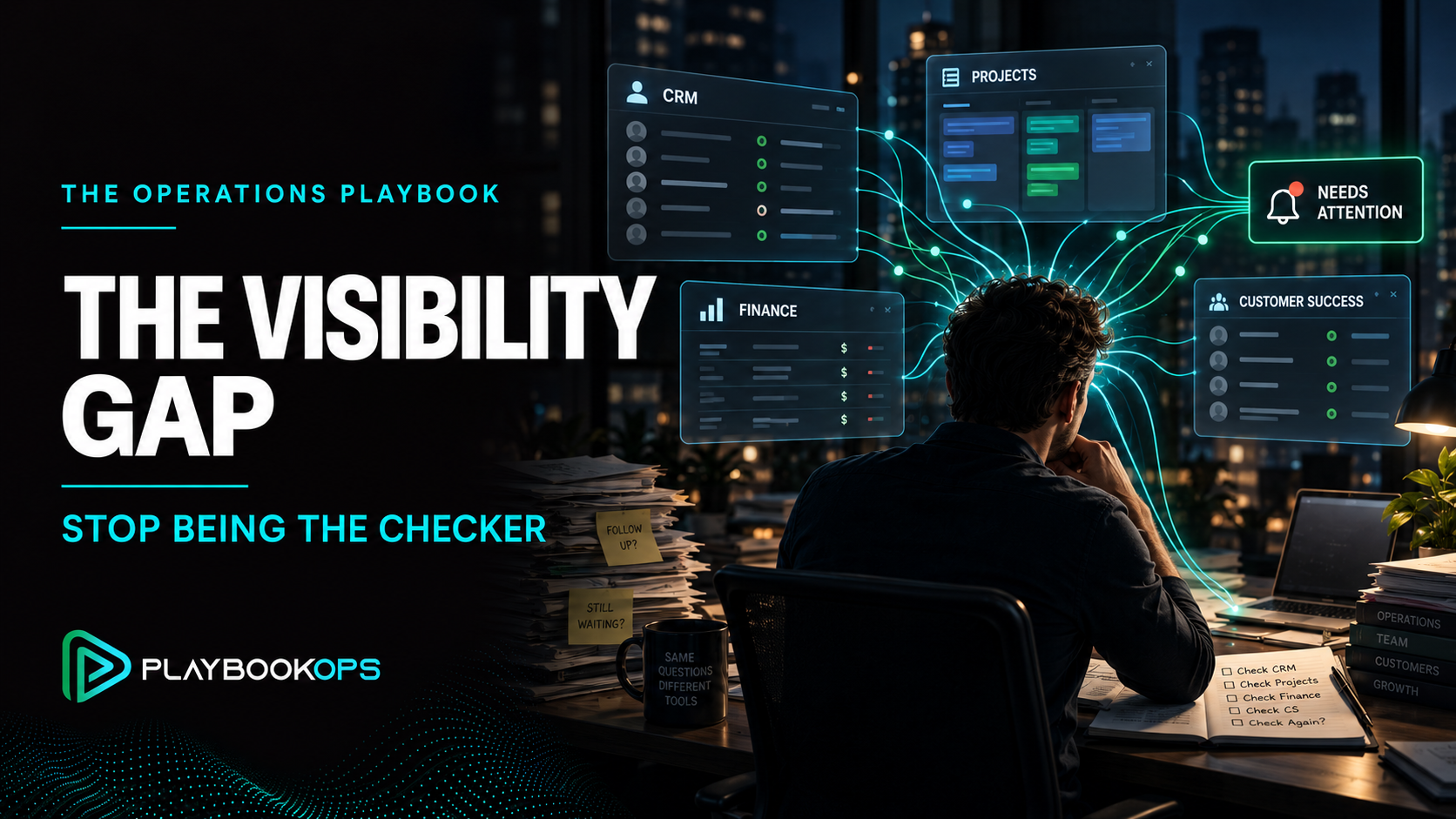 Founder facing five illuminated operational platforms across a chasm, representing the path from founder-dependent knowledge to scalable, AI-enabled execution.