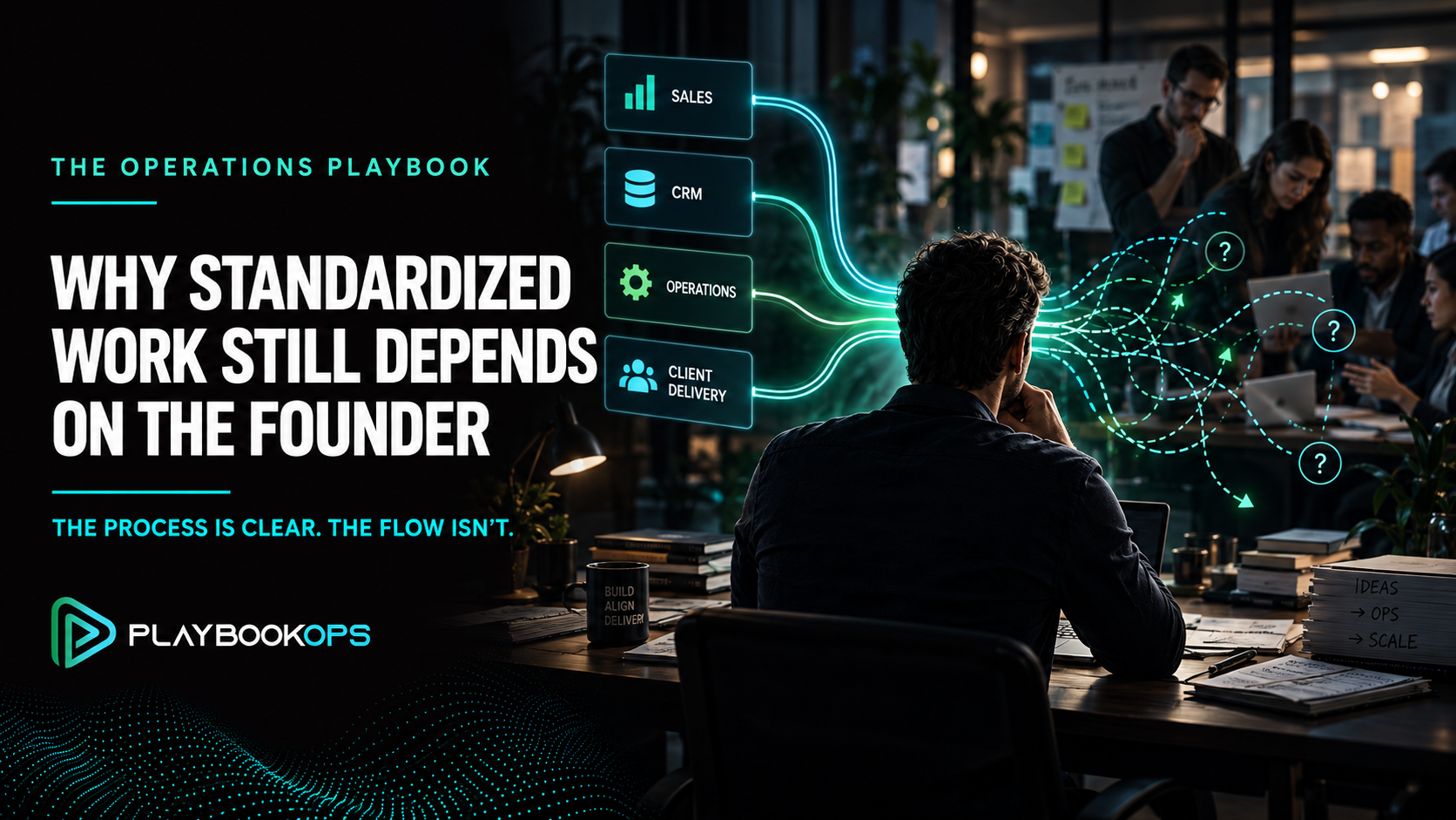 PlaybookOps feature image showing sales, CRM, operations, and client-delivery workflows converging through a founder before becoming disconnected across the team.