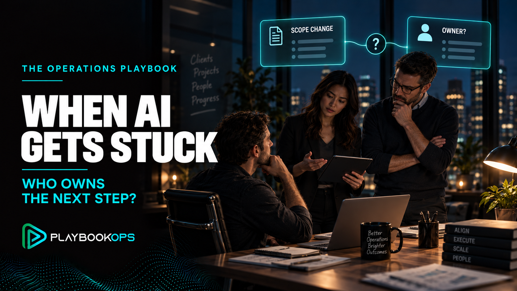 A founder and teammates face an AI-assisted scope change with unclear ownership. Text reads: When AI Gets Stuck. Who Owns the Next Step?