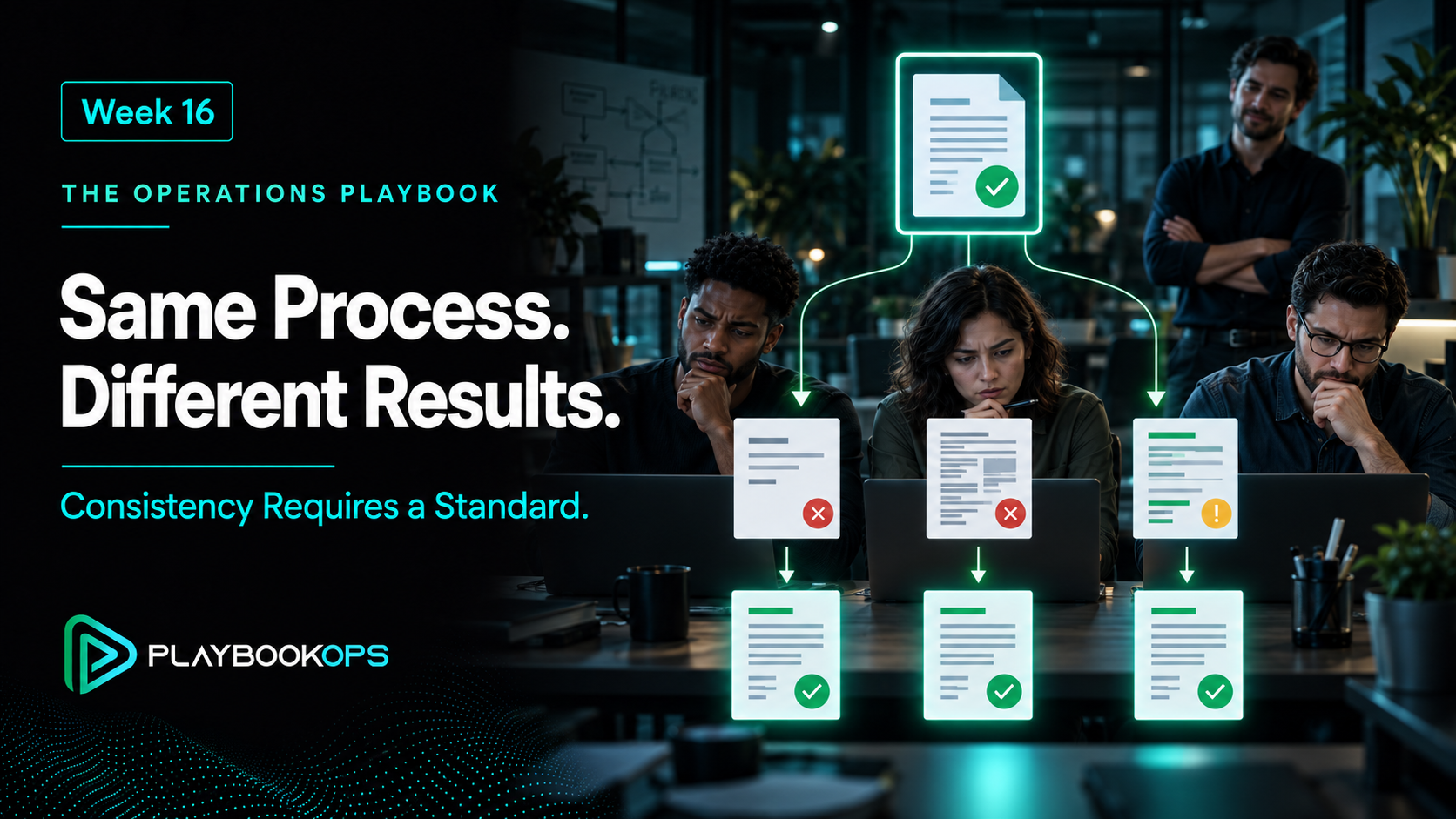 PlaybookOps Week 16 cover titled “Same Process. Different Results.” showing three team members comparing varied work against one shared quality standard to produce consistent outcomes.