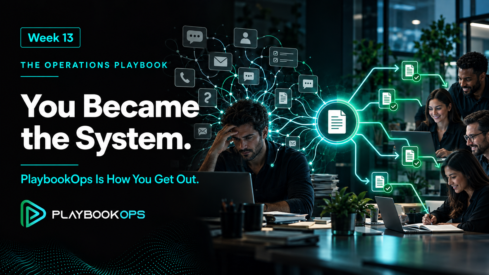 PlaybookOps Week 13 cover titled “You Became the System,” showing questions and decisions flowing through an overwhelmed founder before being captured in a central playbook the team can use independently.