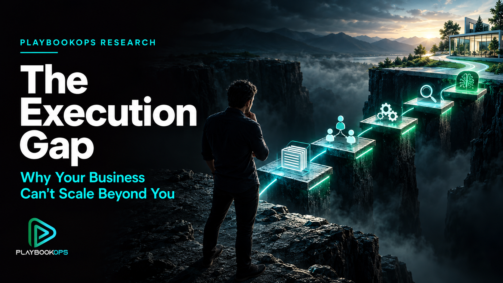 Founder facing five illuminated operational platforms across a chasm, representing the path from founder-dependent knowledge to scalable, AI-enabled execution.