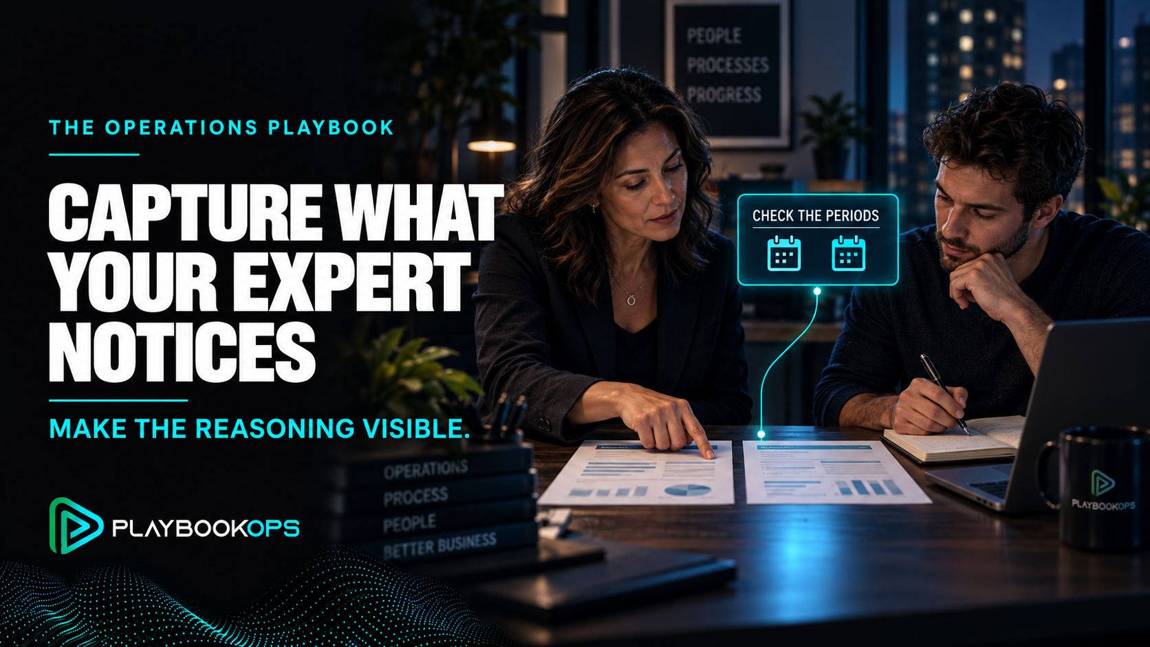 An experienced reviewer points out a detail in two reports while a colleague takes notes. Headline: Capture What Your Expert Notices. A conceptual panel says Check the Periods.