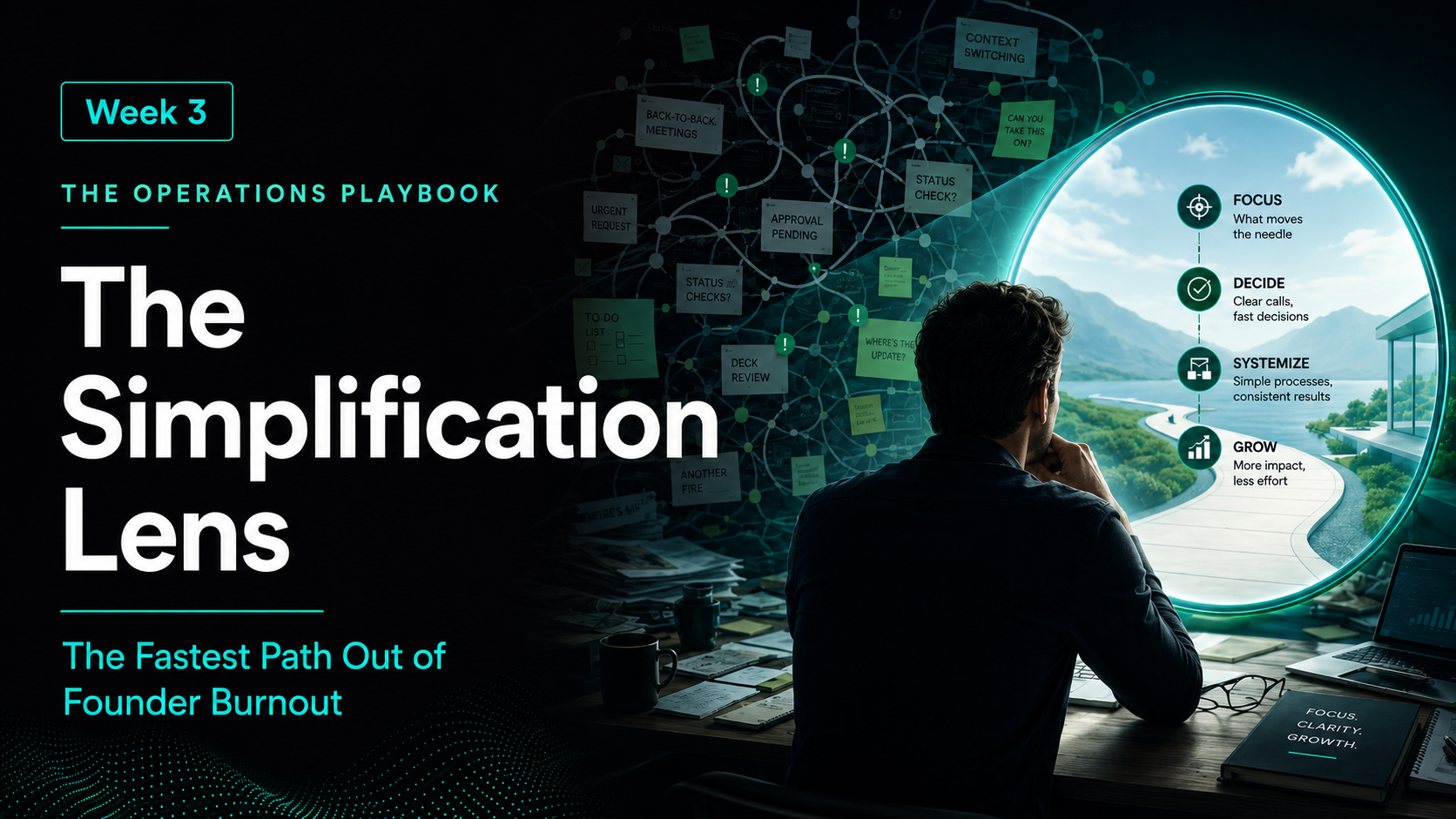 Generated above: tangled recurring work passes through a lens and becomes clear pathways, using PlaybookOps green, cyan, and black.